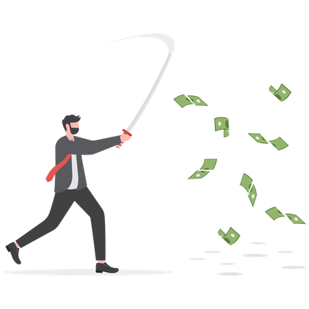 Empresario cortando dinero con espada  Ilustración