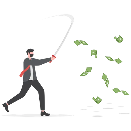 Empresario cortando dinero con espada  Ilustración