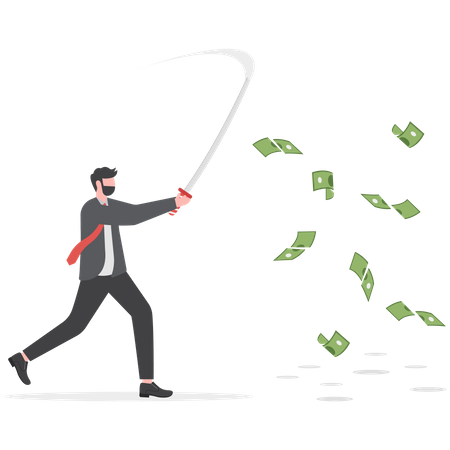 Empresário cortando dinheiro com espada  Ilustração