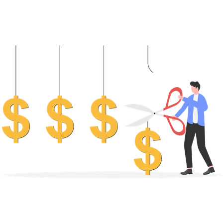 Empresário cortando dólar com tesoura  Ilustração