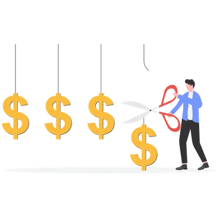 Empresário cortando dólar com tesoura  Ilustração