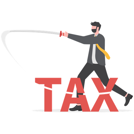 Empresário cortando imposto sobre palavras com espada  Ilustração