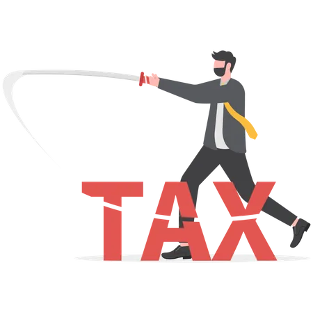 Empresário cortando imposto sobre palavras com espada  Ilustração