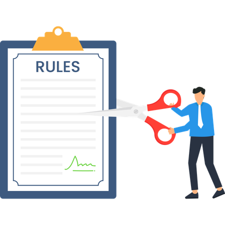 Empresario recortando las reglas de negocio  Ilustración