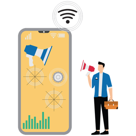 Empresário fazendo estratégias de marketing móvel  Ilustração