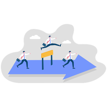 Empresário atravessa obstáculos na seta e segue em frente  Ilustração