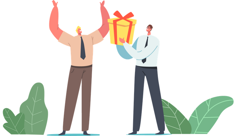 Empresário dando uma caixa de presente embrulhada para um colega alegre de aniversário  Ilustração