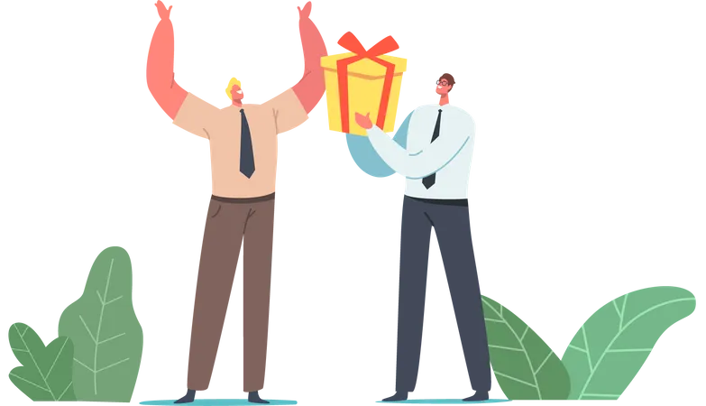Empresário dando uma caixa de presente embrulhada para um colega alegre de aniversário  Ilustração