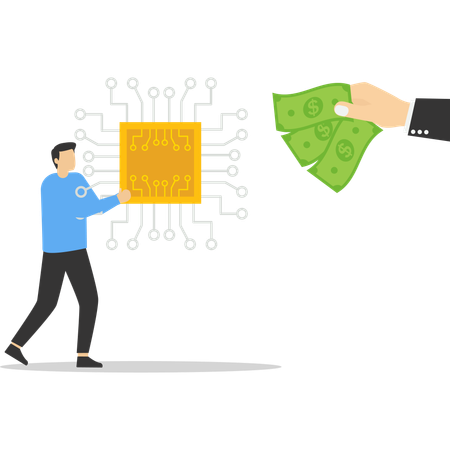 Empresario da dólar por microchip  Ilustración