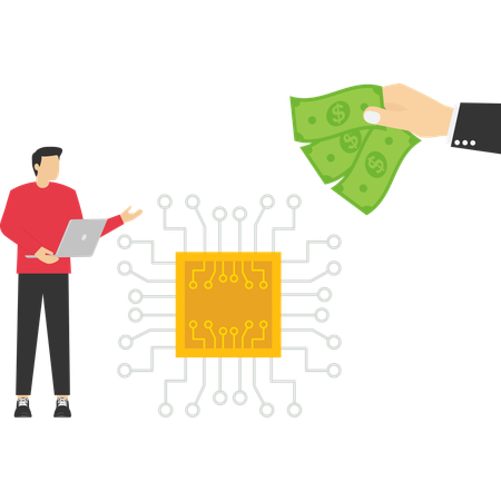 Empresario da dólar por microchip  Ilustración