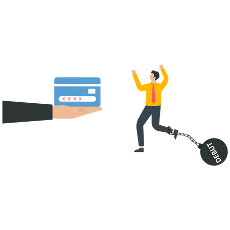 Empresario dando una tarjeta de crédito a un hombre con una carga de deuda  Ilustración