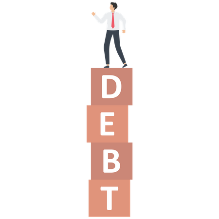 Empresário de pé sobre caixas de dívidas  Ilustração