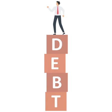 Empresário de pé sobre caixas de dívidas  Ilustração