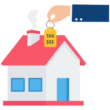 Mão de empresário segurando uma casa com as etiquetas de preço mostrando imposto sobre a propriedade com cifrões para pagar  Ilustração