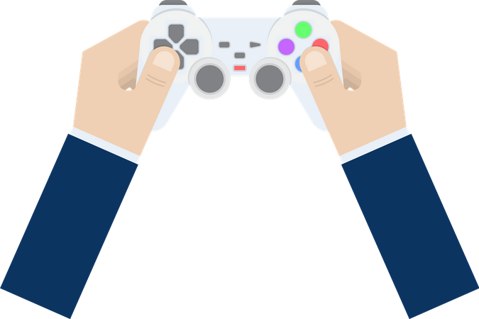 Mão de empresário segurando joystick ou controlador de jogo  Ilustração