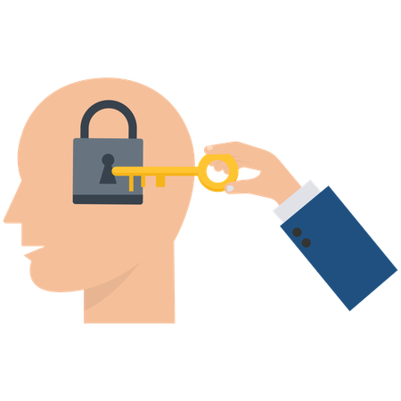 Mão de empresário segurando a chave secreta para desbloquear ideias na cabeça humana  Ilustração
