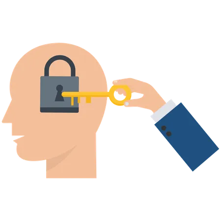 Mão de empresário segurando a chave secreta para desbloquear ideias na cabeça humana  Ilustração