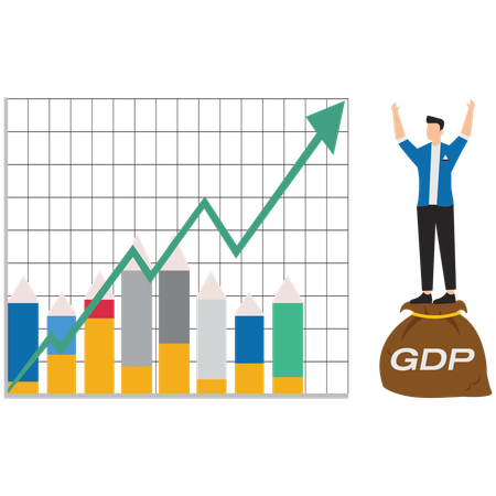 Empresário em pé com bolsa de dinheiro com a palavra PIB  Illustration