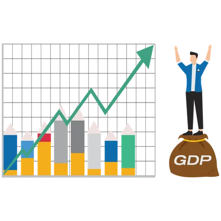 Empresário em pé com bolsa de dinheiro com a palavra PIB  Illustration