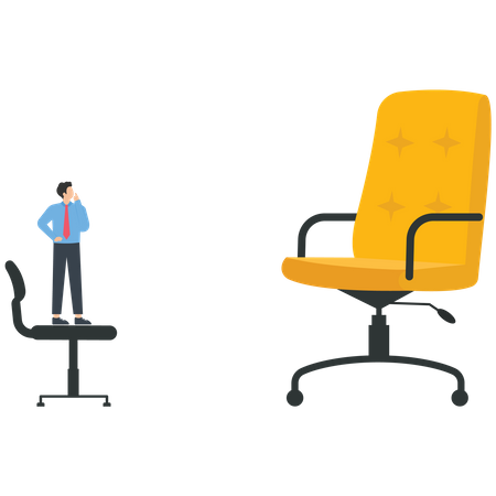 Empresário de pé na cadeira pequena, olhando para a cadeira grande  Ilustração