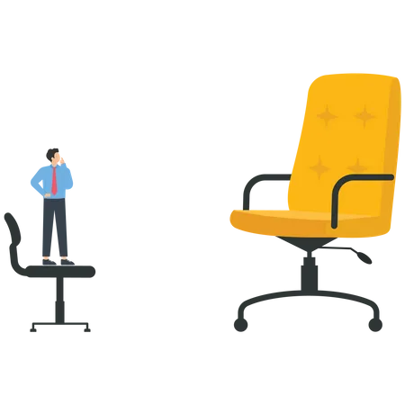 Empresário de pé na cadeira pequena, olhando para a cadeira grande  Ilustração