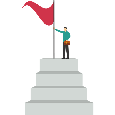 Empresário de pé nas escadas com bandeira  Ilustração