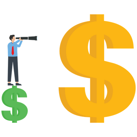 Empresário fica em dólar com telescópio olhando para dólar maior  Ilustração