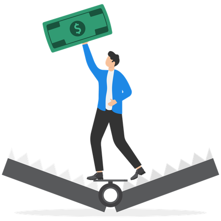 Hombre de negocios de pie siendo atrapado en una trampa para ratones y sosteniendo una moneda de dólar  Ilustración
