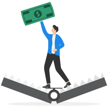 Hombre de negocios de pie siendo atrapado en una trampa para ratones y sosteniendo una moneda de dólar  Ilustración