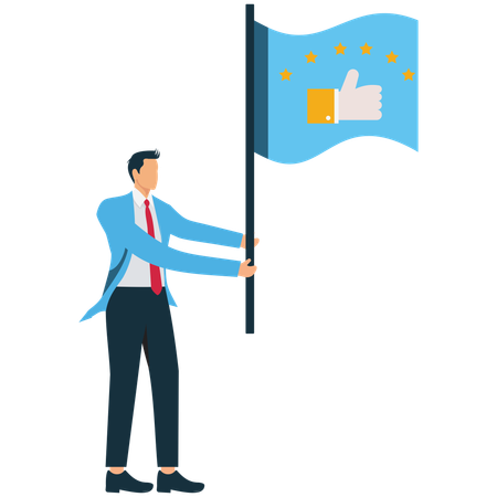 Hombre de negocios de pie con la bandera de satisfacción del cliente  Ilustración