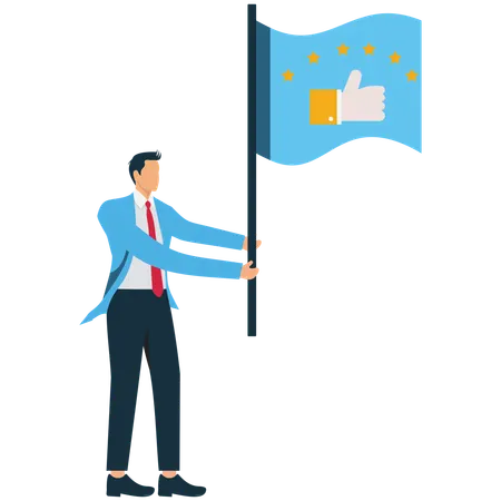 Hombre de negocios de pie con la bandera de satisfacción del cliente  Ilustración