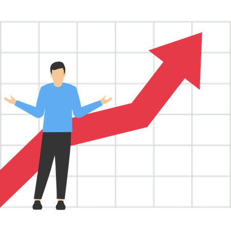 Hombre de negocios de pie con las piernas cruzadas y apoyado en un gráfico de crecimiento de ganancias en aumento  Ilustración