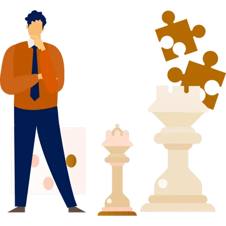 Empresario de pie con pieza de ajedrez  Ilustración