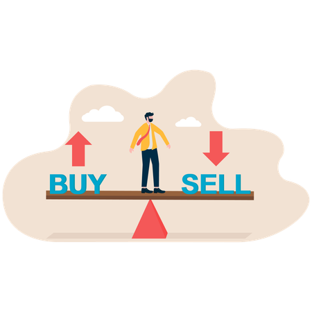Hombre de negocios parado en el mar vio equilibrar compra y venta  Ilustración