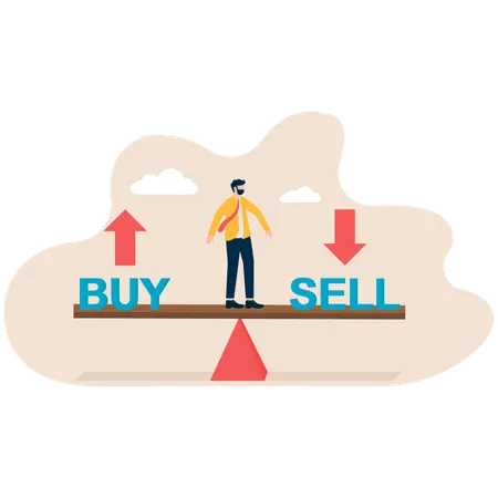 Hombre de negocios parado en el mar vio equilibrar compra y venta  Ilustración