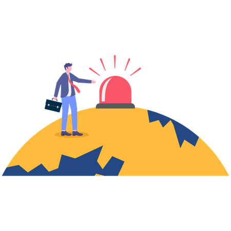 Hombre de negocios de pie junto al globo terráqueo con luz de alarma  Ilustración