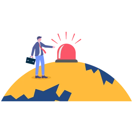 Hombre de negocios de pie junto al globo terráqueo con luz de alarma  Ilustración