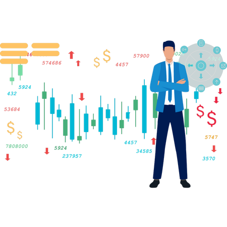 Empresario de pie mientras muestra negocios financieros  Ilustración