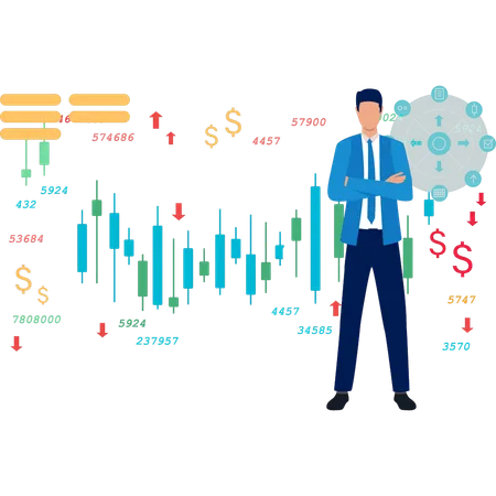 Empresario de pie mientras muestra negocios financieros  Ilustración