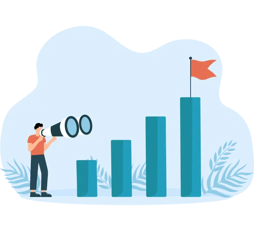 Hombre de negocios de pie mirando con binoculares hacia un gráfico de barras con bandera roja  Ilustración