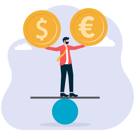 Hombre de negocios de pie sobre un balancín con las manos abiertas para mantener en equilibrio los símbolos del dólar y el euro en las manos  Ilustración