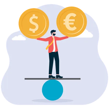 Hombre de negocios de pie sobre un balancín con las manos abiertas para mantener en equilibrio los símbolos del dólar y el euro en las manos  Ilustración