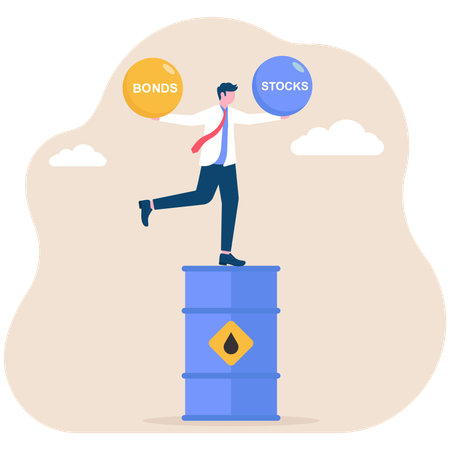 Hombre de negocios de pie sobre un barril de petróleo equilibrando acciones y bonos  Ilustración