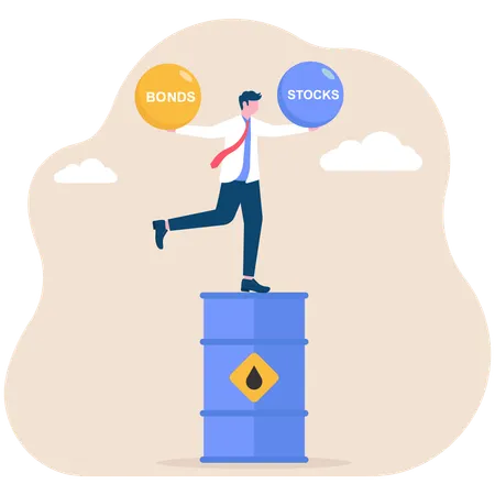 Hombre de negocios de pie sobre un barril de petróleo equilibrando acciones y bonos  Ilustración