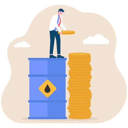 Hombre de negocios de pie sobre un barril de petróleo mientras hace un gráfico de crecimiento a partir de una moneda de dinero  Ilustración