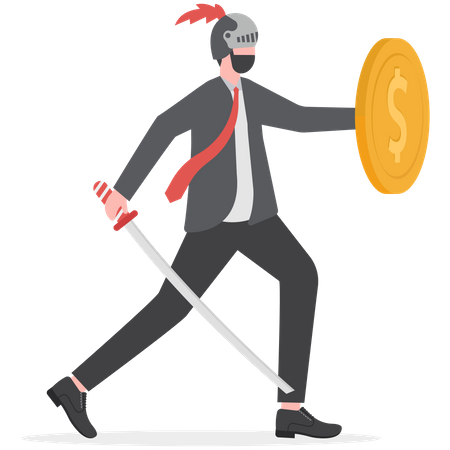 Empresario de pie sosteniendo una espada y un escudo hecho de una moneda  Ilustración
