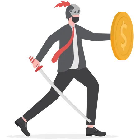 Empresario De Pie Sosteniendo Una Espada Y Un Escudo Hecho De Una Moneda Concepto De Seguridad Empresarial Ilustración