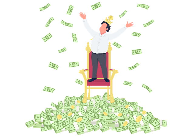 Empresário de sucesso com coroa na pilha de dinheiro  Ilustração