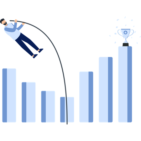 Empresário de sucesso salta com vara em direção ao troféu no gráfico de barras  Ilustração