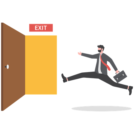 Empresário de terno correndo com pressa para a porta de emergência com o sinal de saída  Ilustração